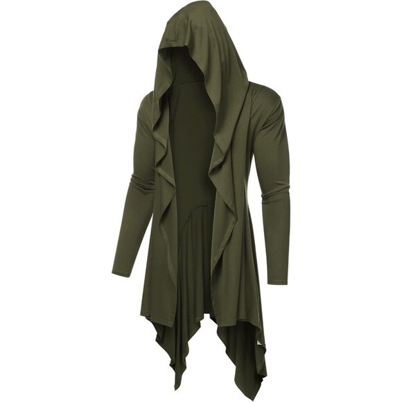 Men Green Long Hooded Cardigan Ruffle Shawl Collar Open Front